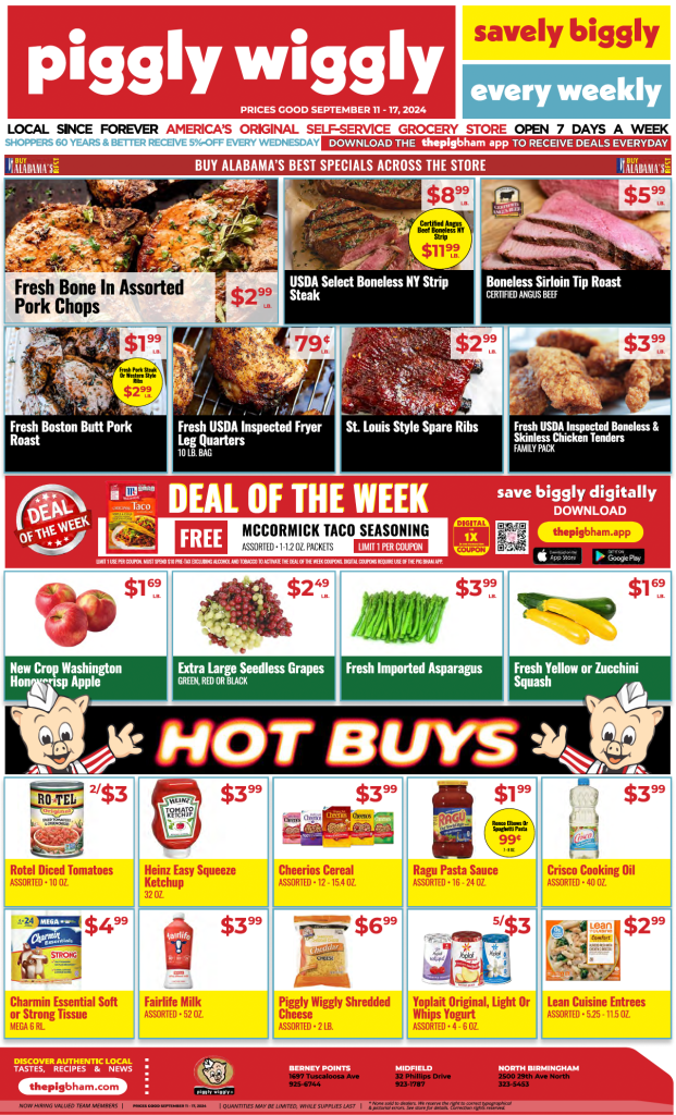 Piggly Wiggly Weekly Ad for September 11-17, 2024, featuring Alabama's best specials, the Deal of the Week for free McCormick Taco Seasoning, and hot buys on grocery essentials.